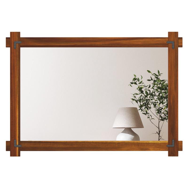 Wood Framed Mirror, Acacia Wood Frame, Vintage Rivet Design, Brown-L, Brown - Brown