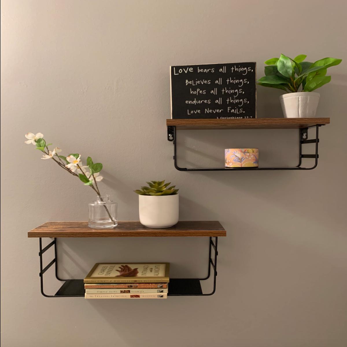 2 Tier Wall Mounted Shelf Set of 2, Wall Floating Shelves with Black Metal for Bathroom, Bedroom, Living Room