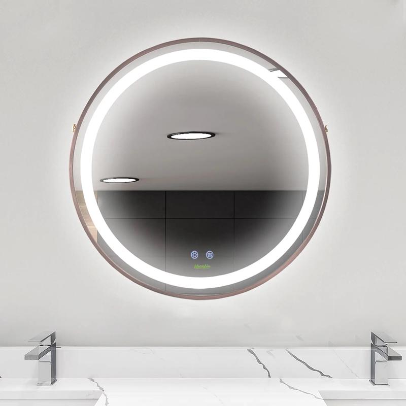 24'' Round LED Bathroom Mirror, Dimmable Anti Fog, 3 Color Temps, Rose Gold - Rose Gold