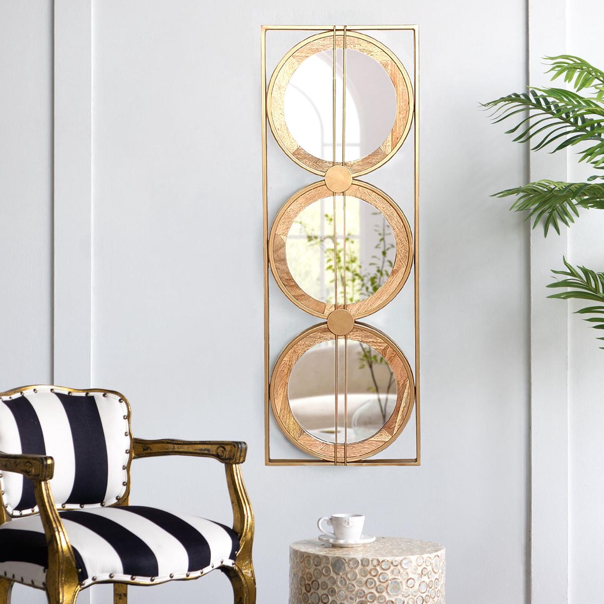 3 Mirror Piece Wall Mirror InRectangular Frame, Home Wall Decor For Bedroom Living Room - Brown