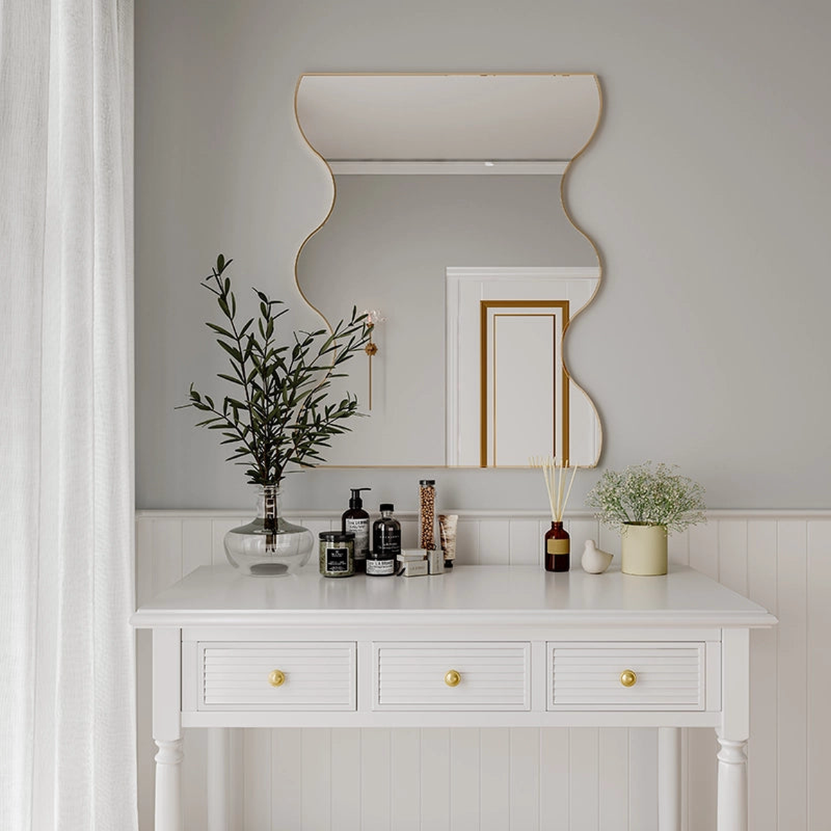 30 x 35 Inch Rectangular Wavy Wall Mirror in Gold Metal Frame