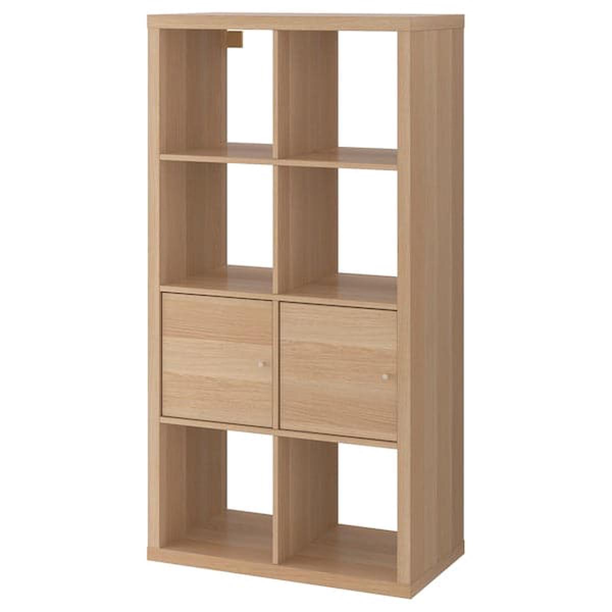 KALLAX shelving unit with doors, white stained oak effect, 77x147 cm