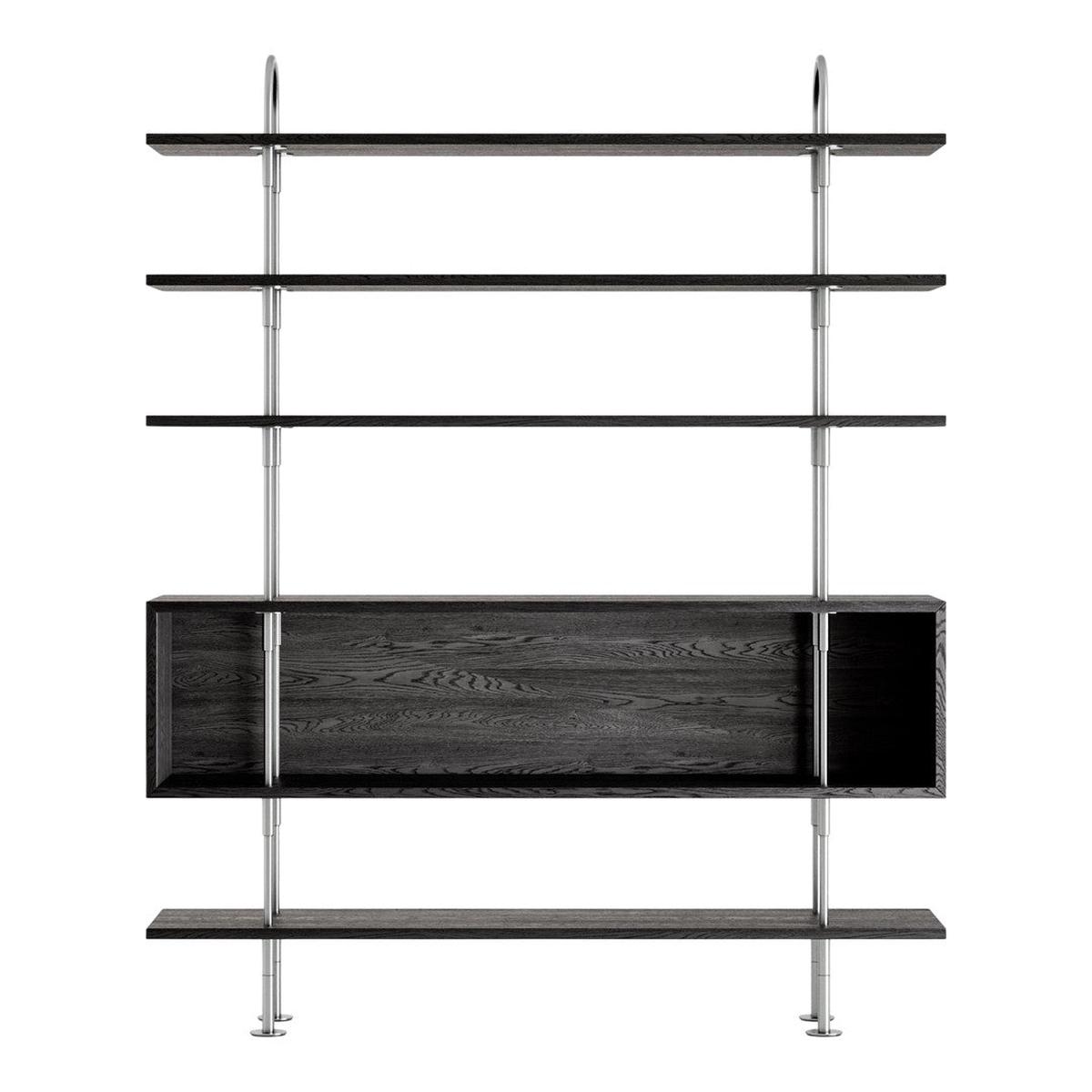 Keen Shelving System - Brown / Black Ash Veneer | Satin Stainless Steel | 2 Arches, 160, 4 Shelves + Box: 63" W x 14.2" D x 78.1" H