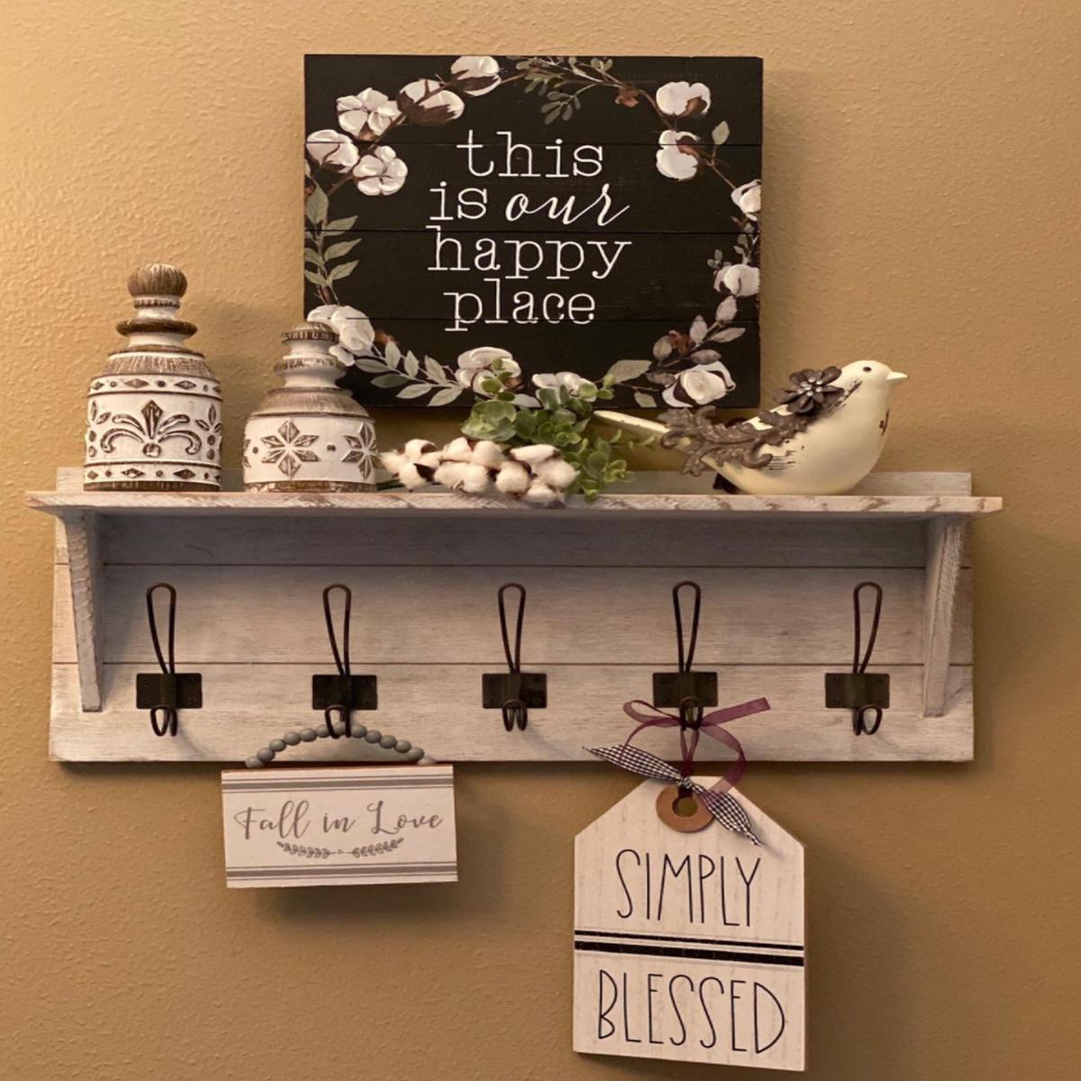 Rustic Wall Mounted Coat Rack Shelf - Wooden Country Style 24" Entryway Shelf with 5 Rustic Hooks