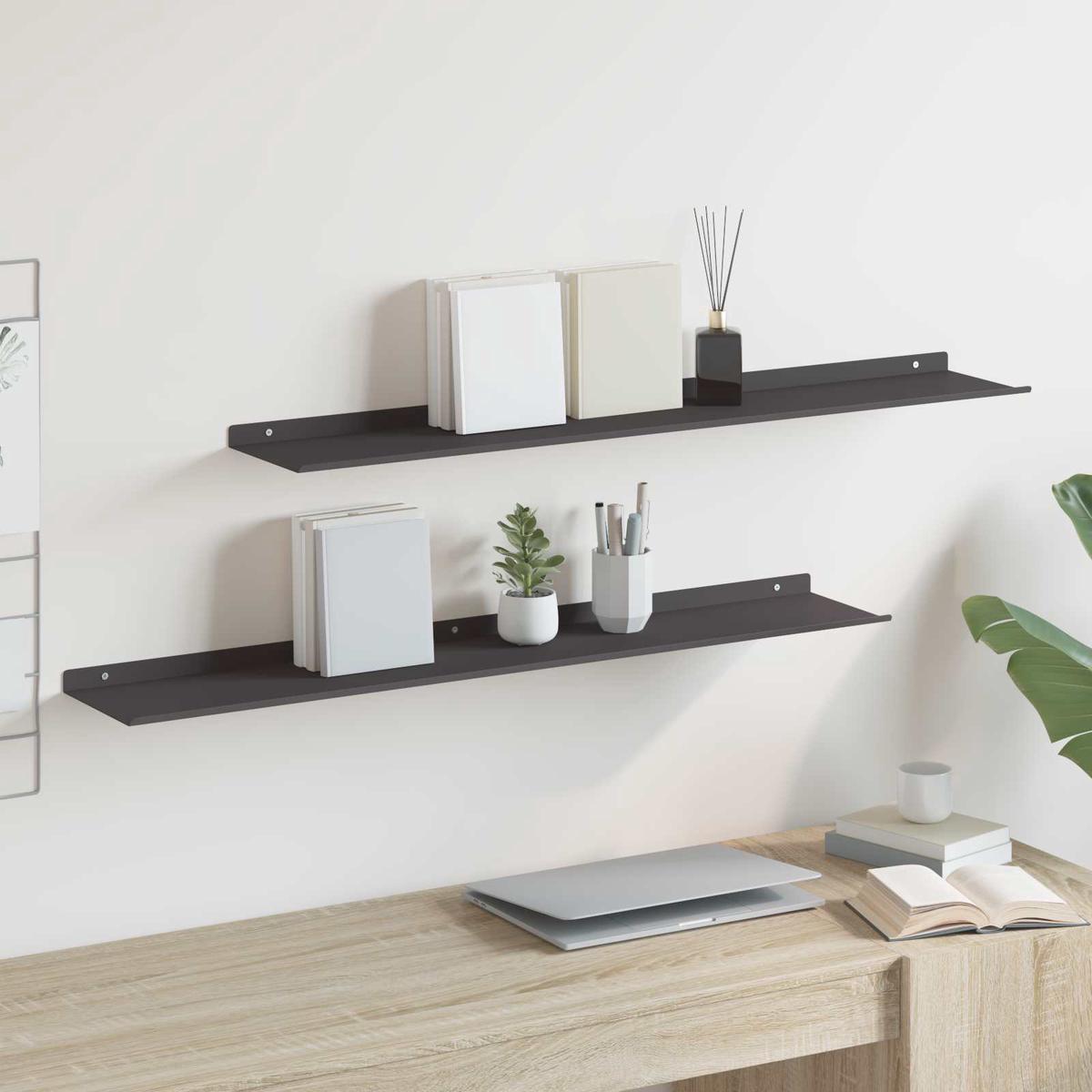 vidaXL Wall Shelf with Shelf 2 pcs Black 100 x 18 x 2.5 cm