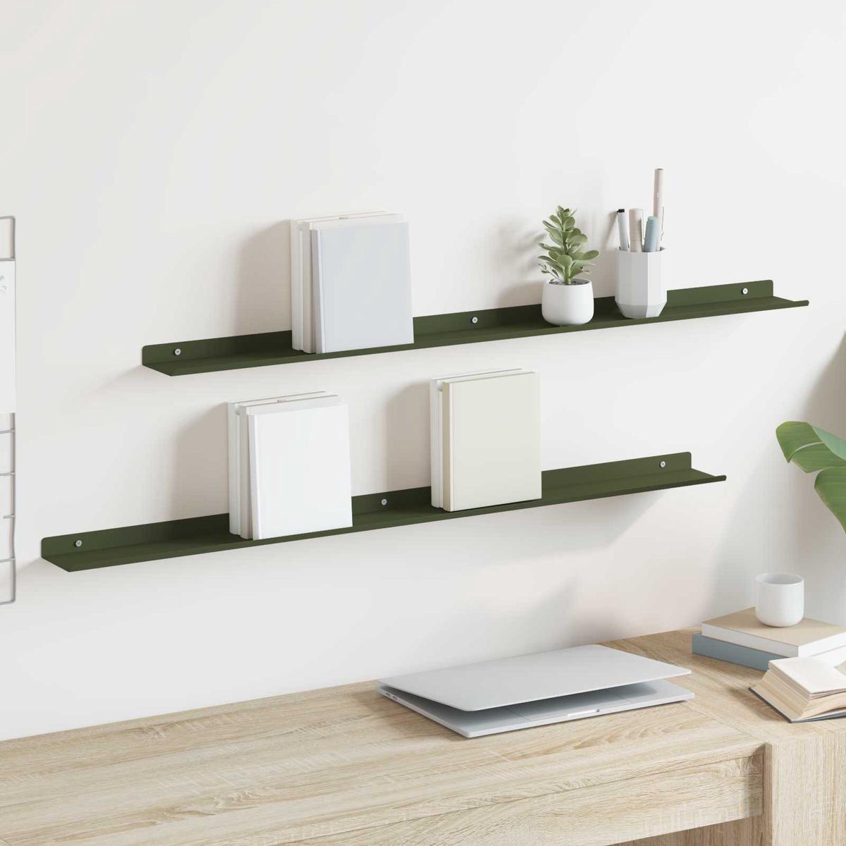 vidaXL Wall Shelf with Shelf 2 pcs Olive Green 100 x 9 x 2.5 cm