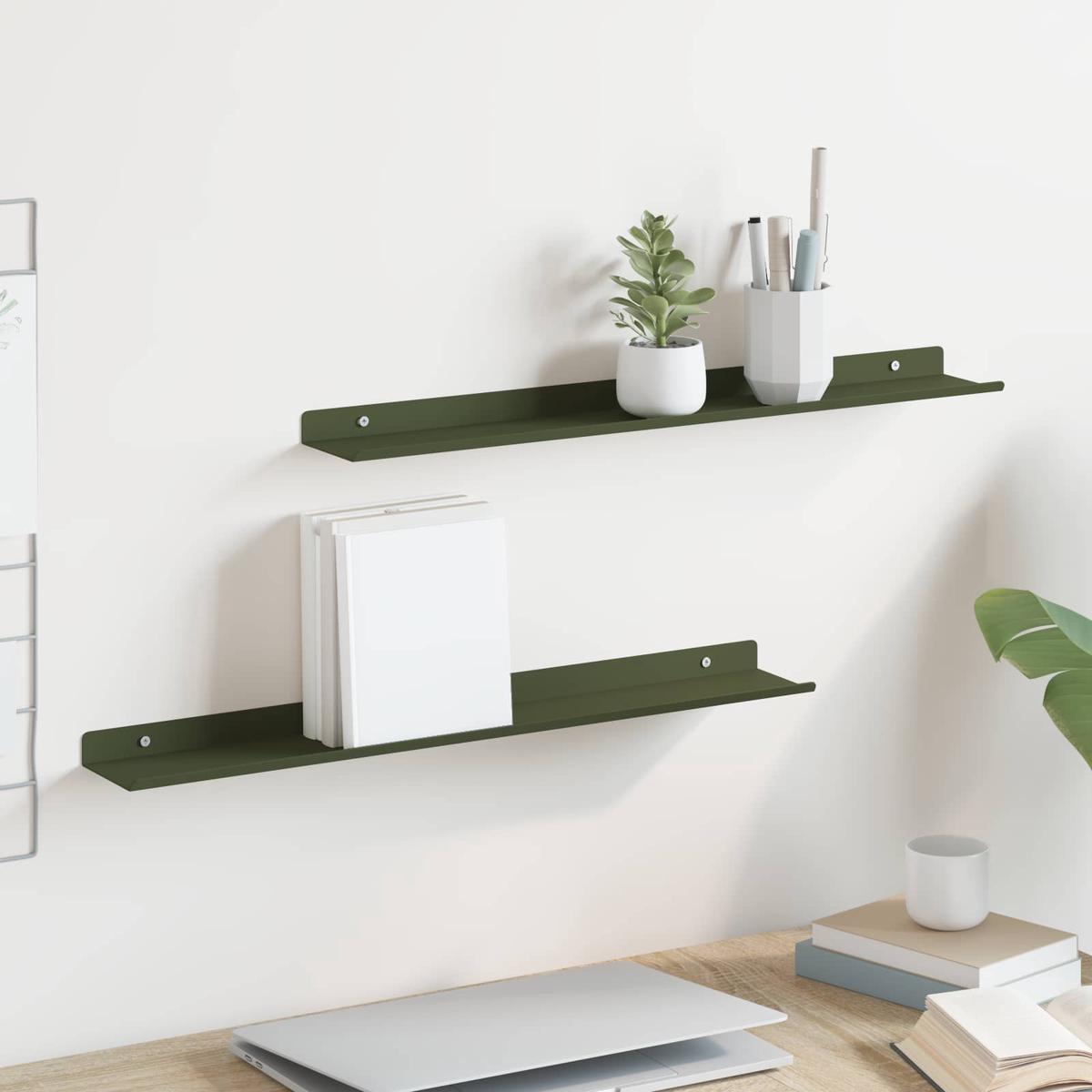 vidaXL Wall Shelf with Shelf 2 pcs Olive Green 60 x 9 x 2.5 cm
