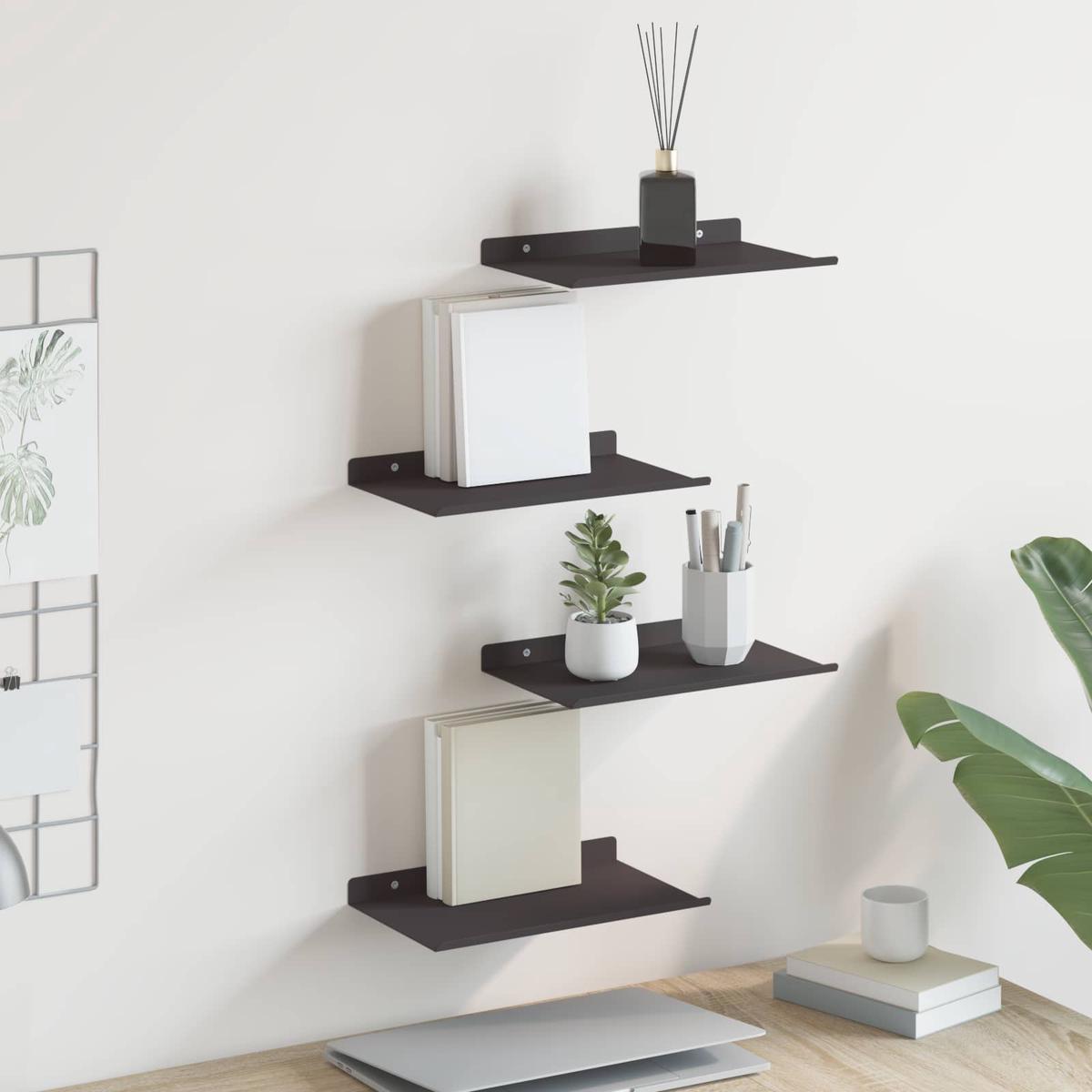 vidaXL Wall Shelf with Shelf Wall-mounted 4 pcs Black 30 x 18 x 2.5 cm