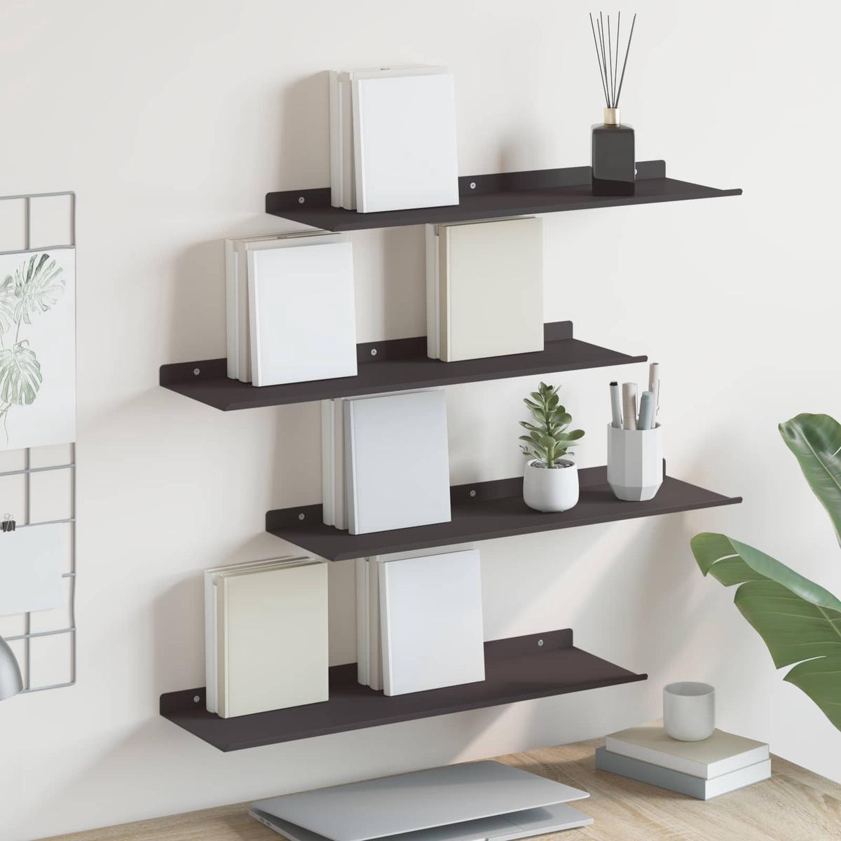 vidaXL Wall Shelf with Shelf Wall-mounted 4 pcs Black 60 x 18 x 2.5 cm