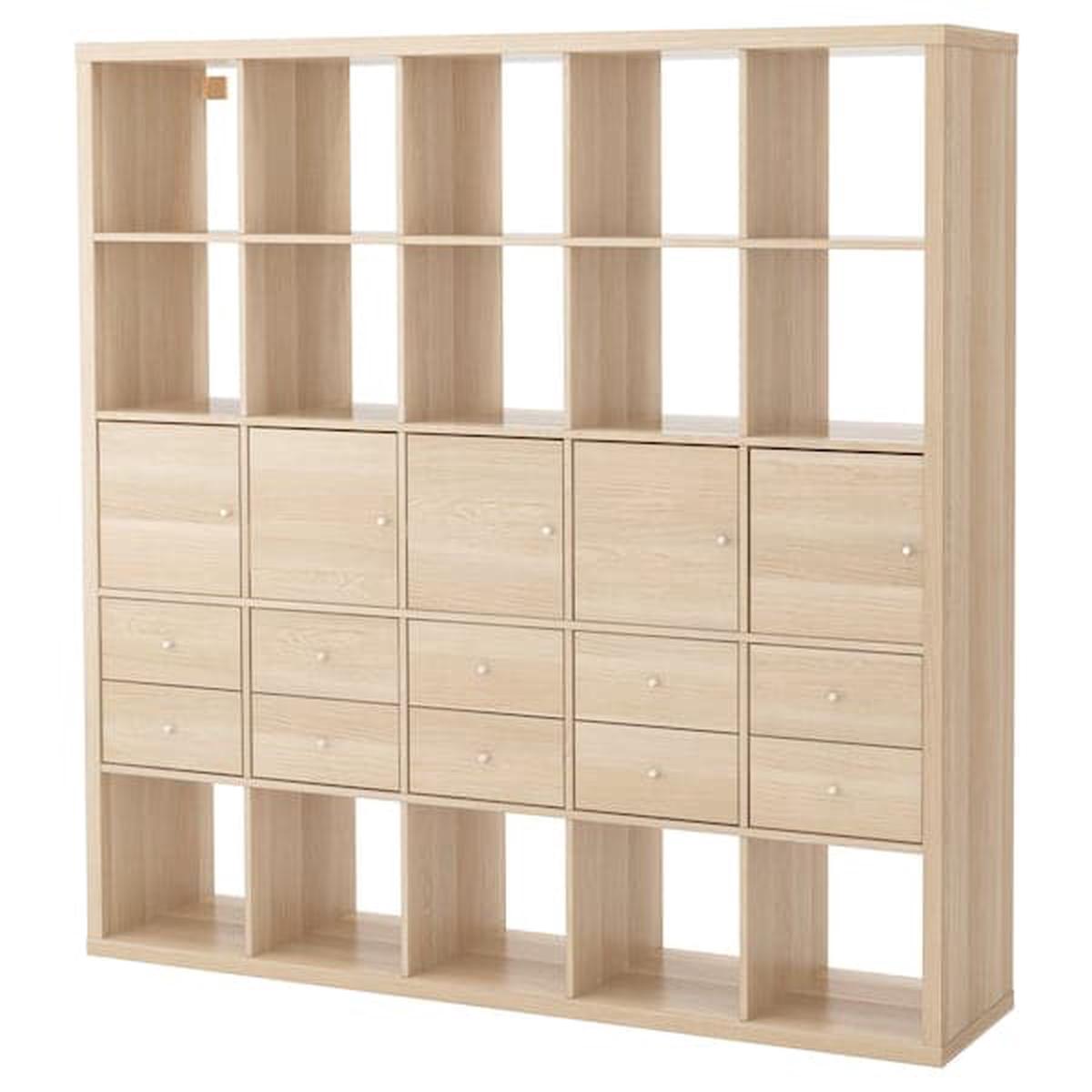 KALLAX shelving unit with 10 inserts, white stained oak effect, 182x182 cm