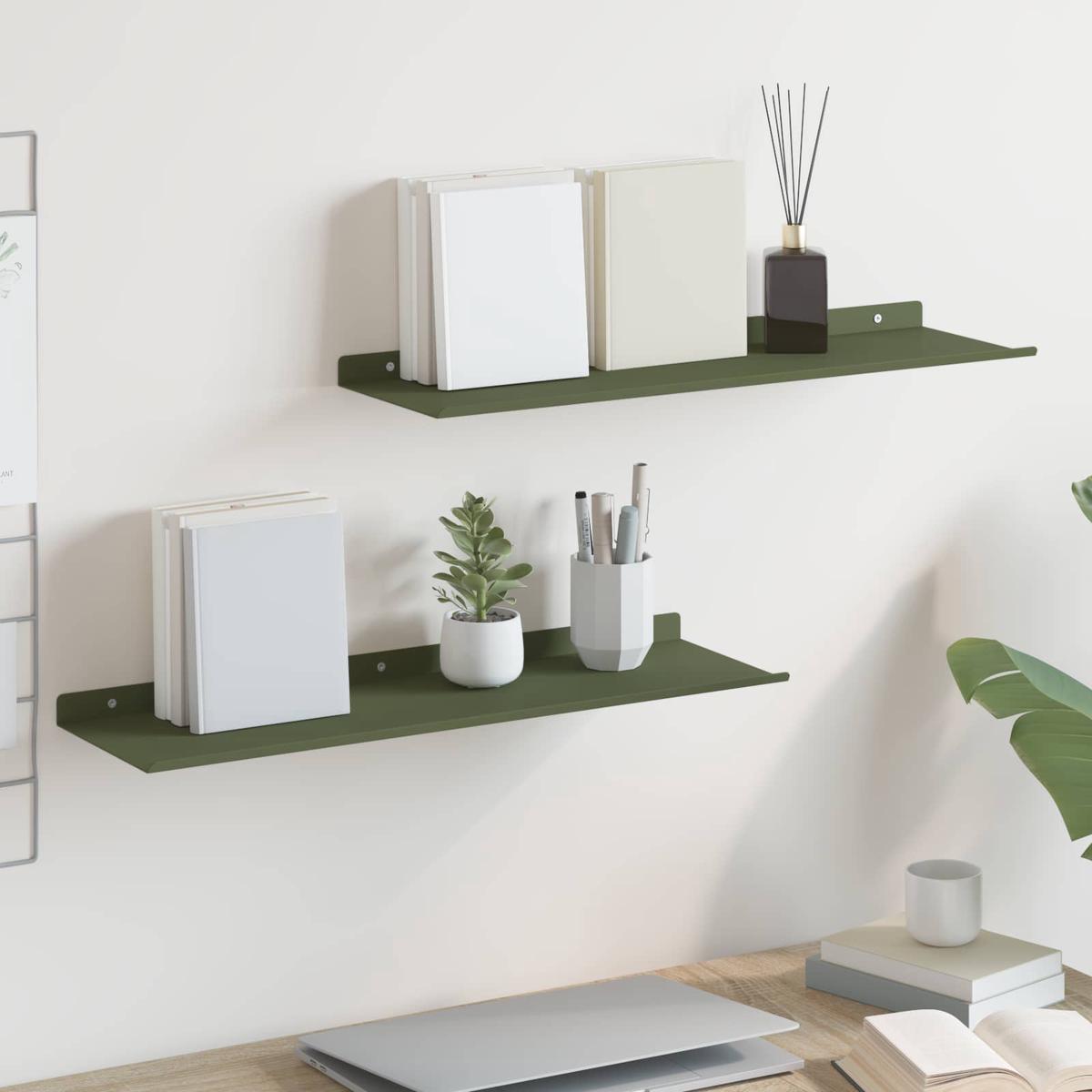 vidaXL Floating Shelf Wall-mounted 2 pcs Olive Green 60 x 18 x 2.5 cm