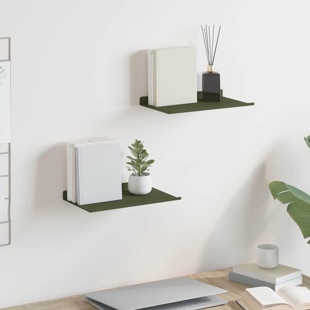 vidaXL Wall Shelf with Shelf 2 pcs Olive Green 30 x 18 x 2.5 cm