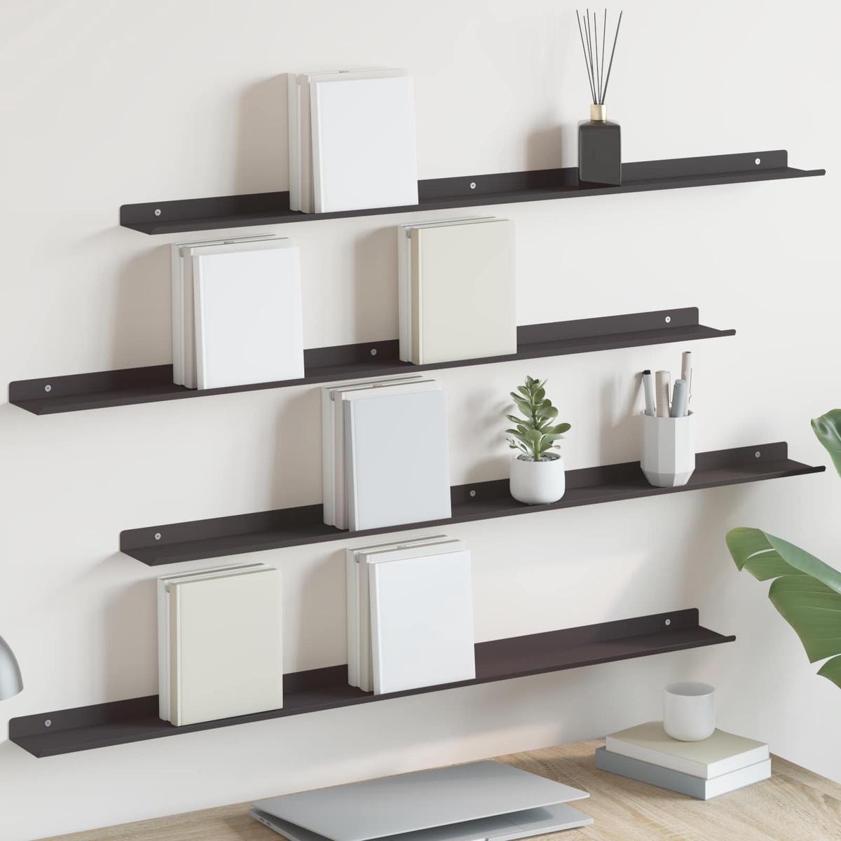 vidaXL Wall Shelf with Shelf Wall-mounted 4 pcs Black 100 x 9 x 2.5 cm
