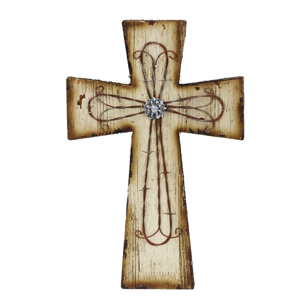 Wall Dcor - 10" x 15" Distressed Wood & Barbwire Cross Wall Dcor 4 Per Carton - Cream