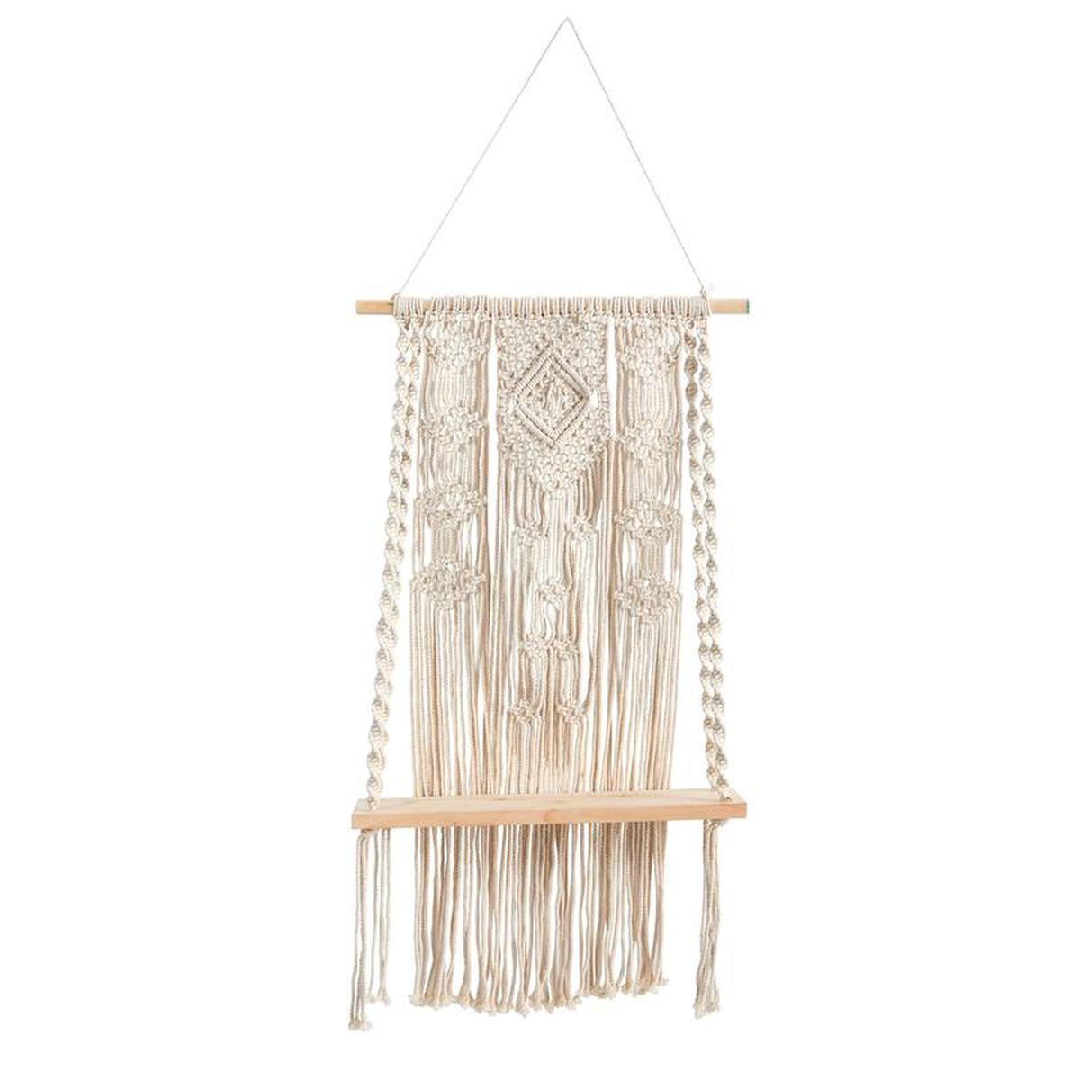 25 x 15 Hand Crafted Woven Macrame Wall Hanging with Wooden Shelf