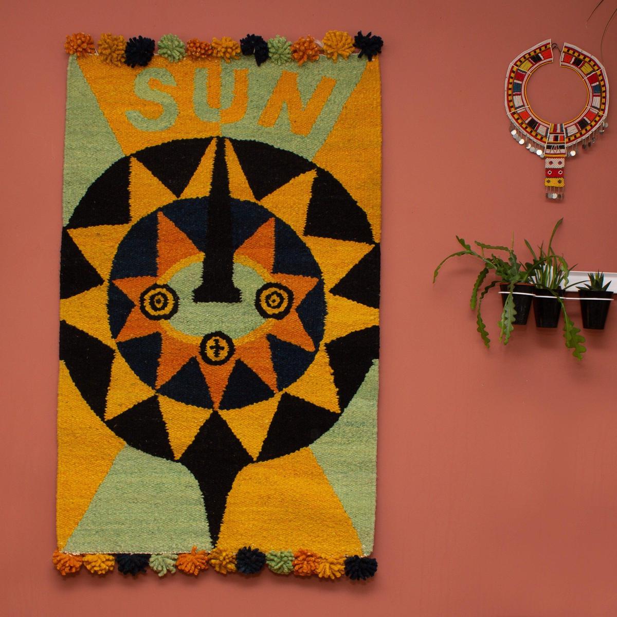 Woven Kenyan Wall Hanging | Rug 'Colourful Sun Mask'