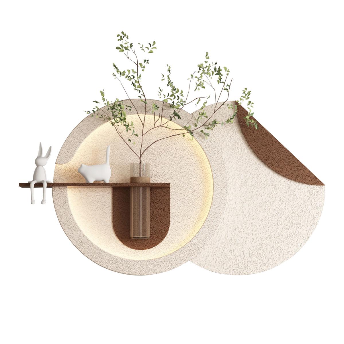 Adjustable 3 Color LED Sandstone Double Disc Wall Art With Simulated Greenery, Vase & Rabbit Statue - Light Coffee