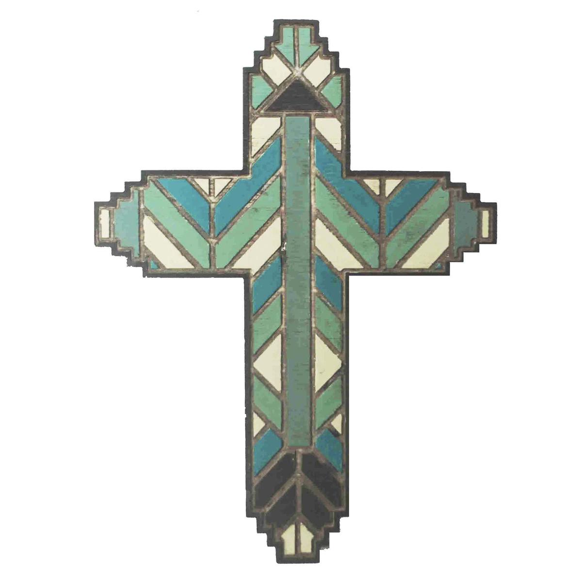 Wall Dcor - 19" x 14" Wooden Stained Glass Design Cross Wall Dcor 4 Per Carton - Green / Blue